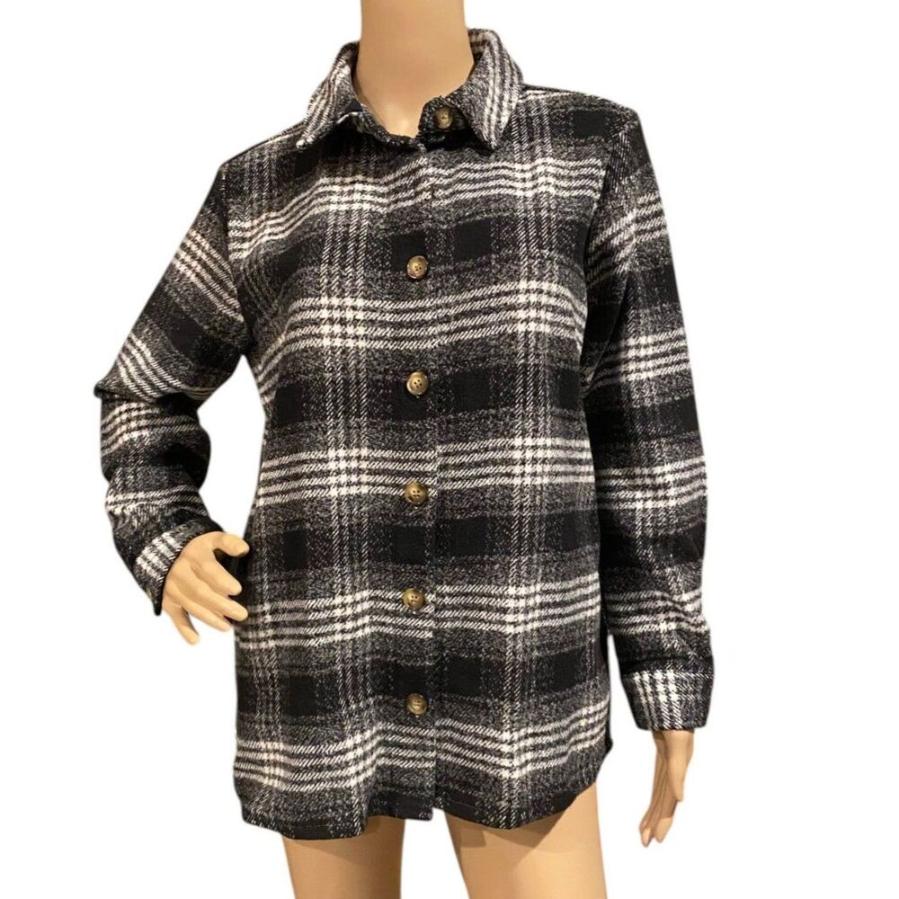 LINDA ANDERSON Women's Button Up Urban Plaid Shacket Side Pockets Sz M